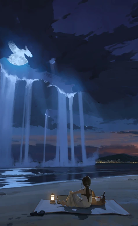 海滩月夜瀑布野餐·唯美插画风手机壁纸（月夜海滩壁纸）