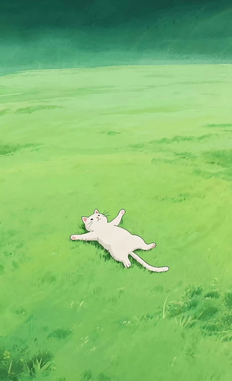 白猫躺卧草原星空 国漫治愈风壁纸