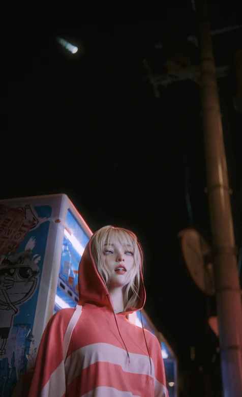 金发连帽衫女孩·夜景霓虹风 日系街头壁纸