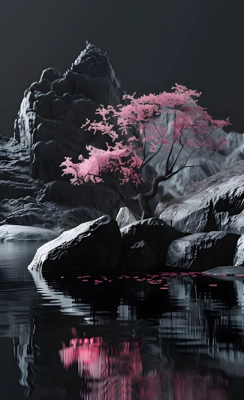 暗黑唯美风·粉色樱花树与山石湖水 小众艺术手机壁纸