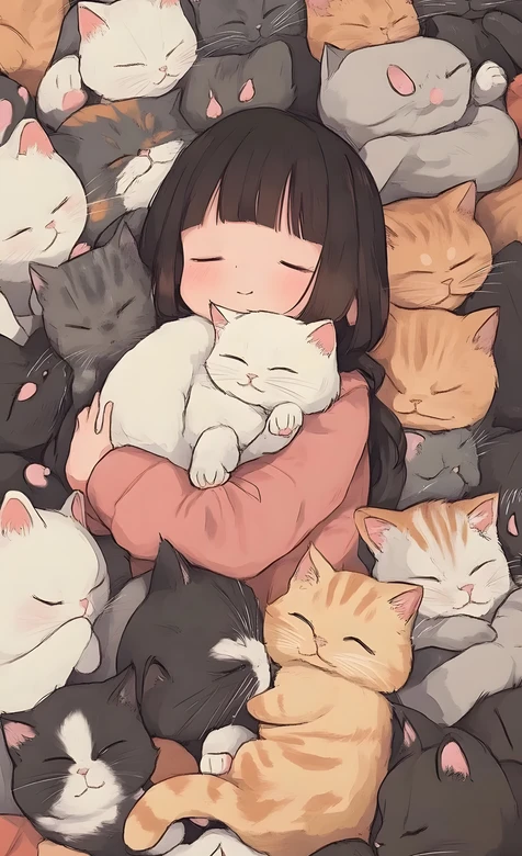 黑长直少女抱白猫·治愈风 猫咪簇拥主题壁纸