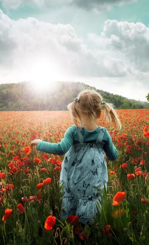 在满地红花的草地上的可爱小女孩手机壁纸