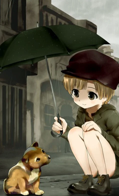 拿着把黑伞的萌女孩和小狗狗