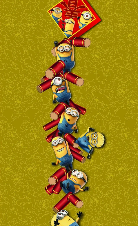 挂在鞭炮上的小黄人手机桌面壁纸下载