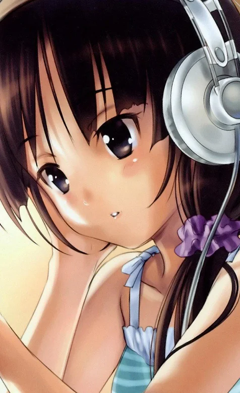 动漫带着耳机的大眼少女手机壁纸