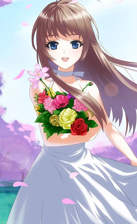 手捧鲜花的动漫女孩手机桌面