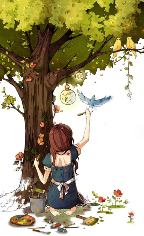 大树下的动漫女孩手机桌面免费下载