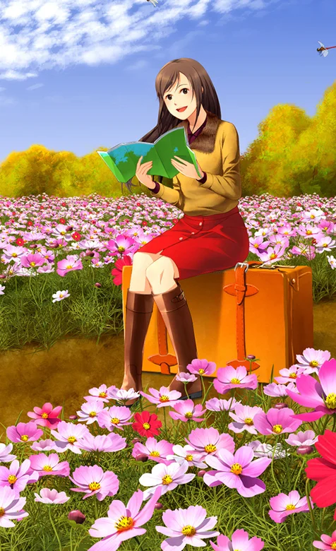 花丛中看书的少女手机壁纸