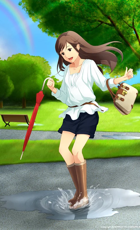 雨后彩虹路上玩耍的少女手机图片