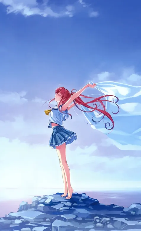 海边迎风的唯美动漫美女手机壁纸