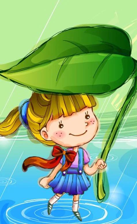 拿叶子当伞的卡通小女孩手机壁纸