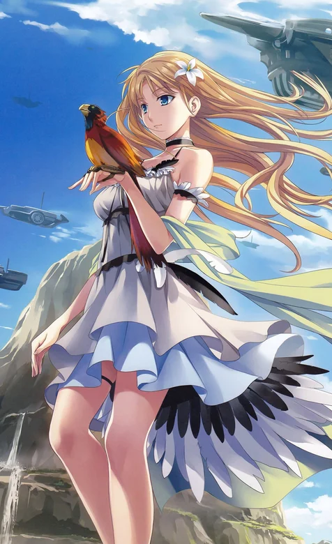 手上托着鸟儿的短裙动漫少女手机背景图片