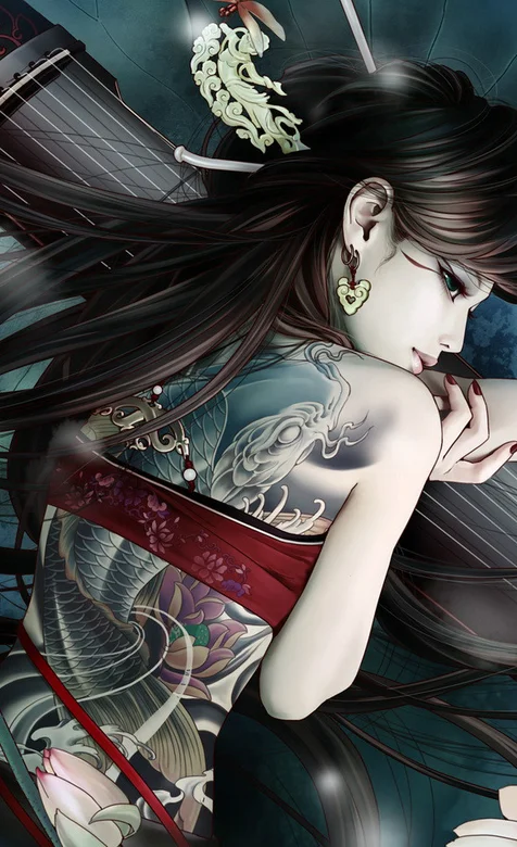 古装美女与古筝的高清中国风手机壁纸