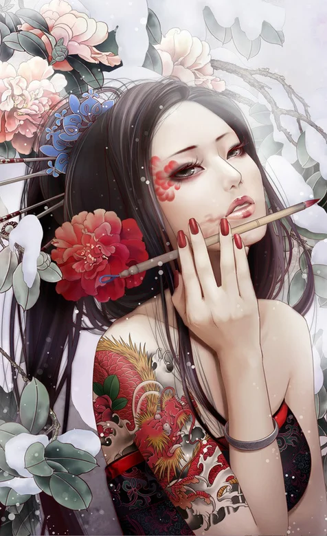 拿着毛笔的古典美女手机壁纸图片