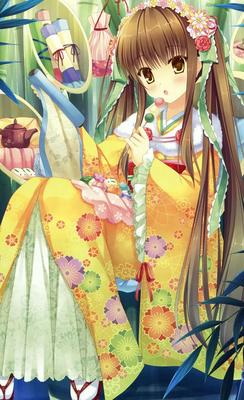 竹林里的和服日本动漫美少女手机壁纸