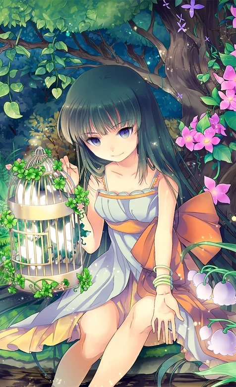 树林里拿着鸟笼的动漫美女手机桌面图片