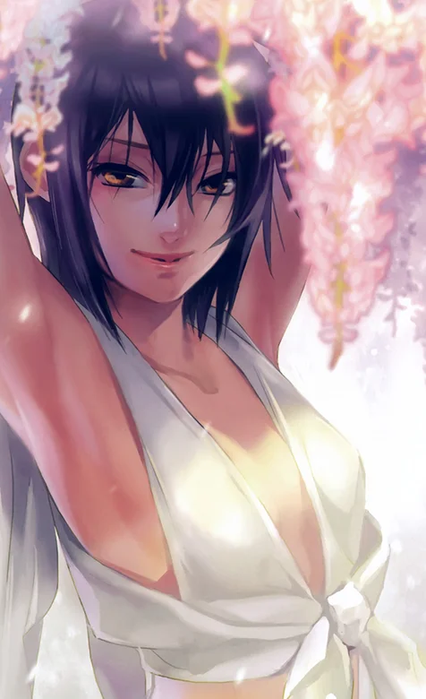 粉色花朵下的动漫长发美女