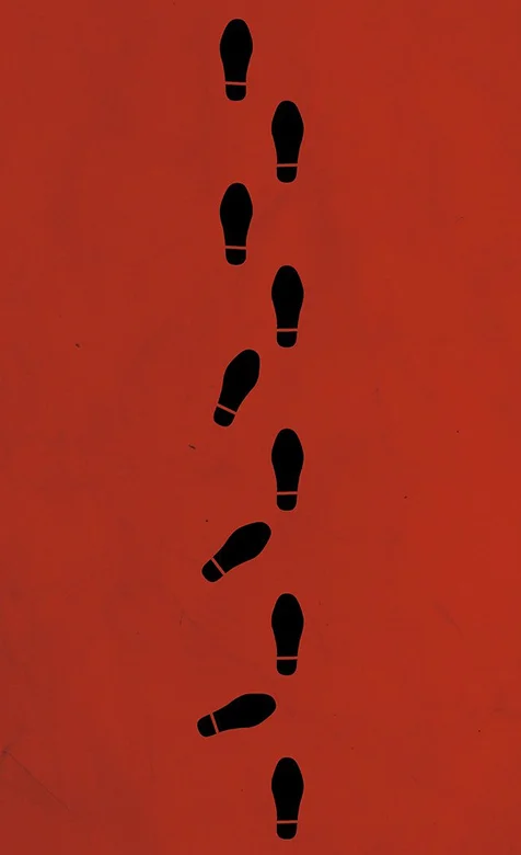 红色背景下的卡通脚印