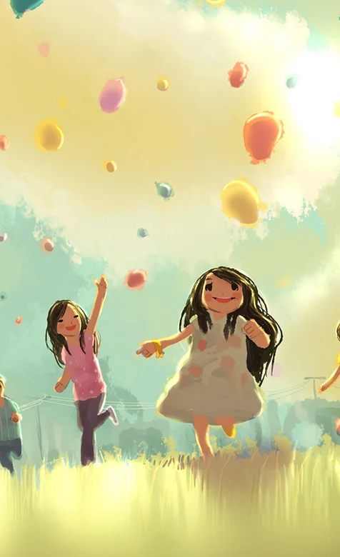 卡通气球和小女孩油画手机壁纸