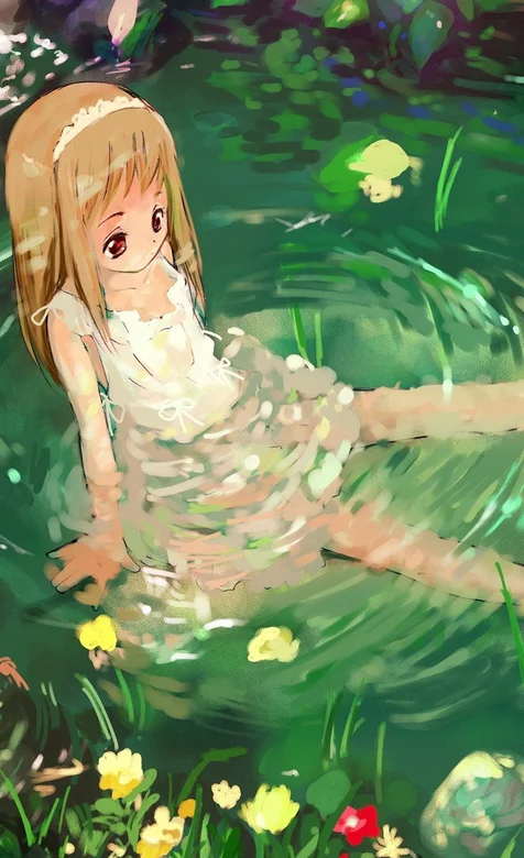 坐在水池里的动漫女孩