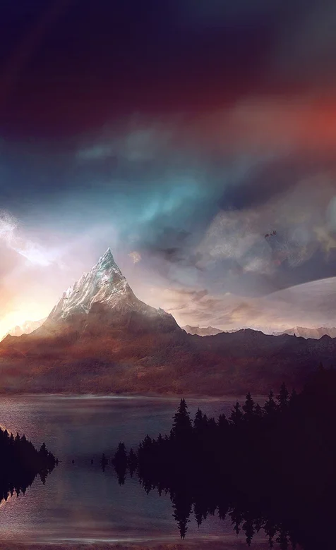 七彩云下的山脉湖畔风景手机壁纸