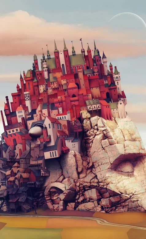 卡通石头上的城市手机壁纸