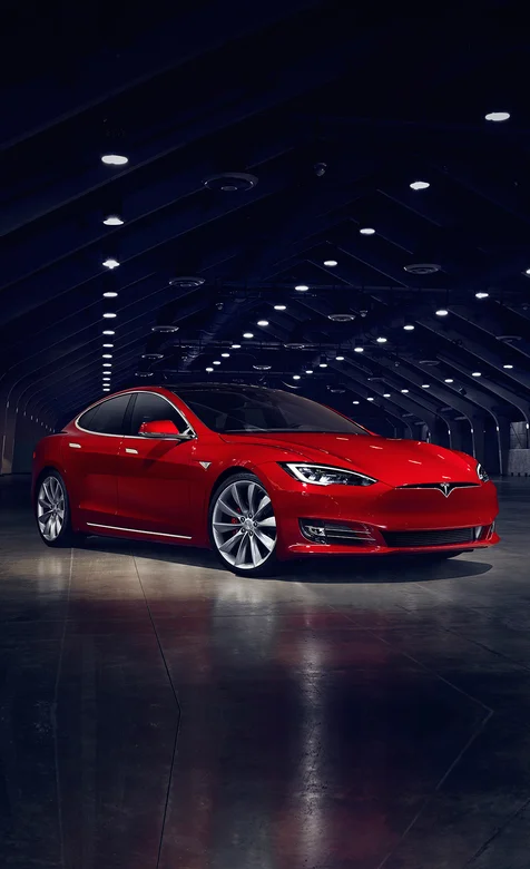 车库中的红色电动轿车特斯拉 高清手机壁纸