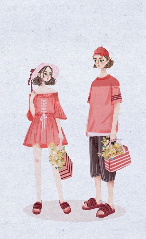 穿红色情侣装的一对时尚年轻男女手提购物包手机壁纸