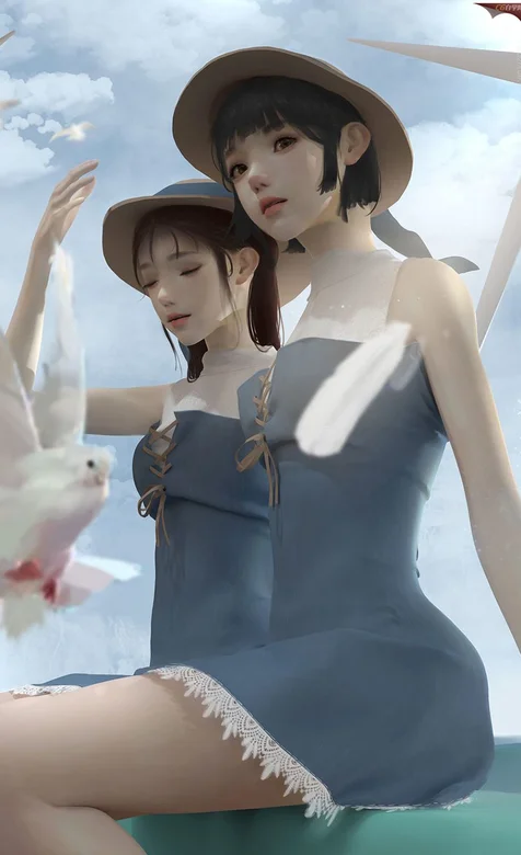 海边一对清爽美少女和海鸟唯美图片