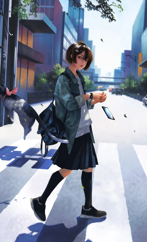 斑马线上时髦的短发短裙学生妹手机壁纸