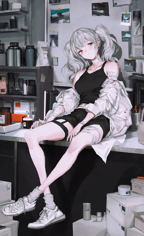 二次元背心短裤美少女做在桌子上慵懒手机壁纸