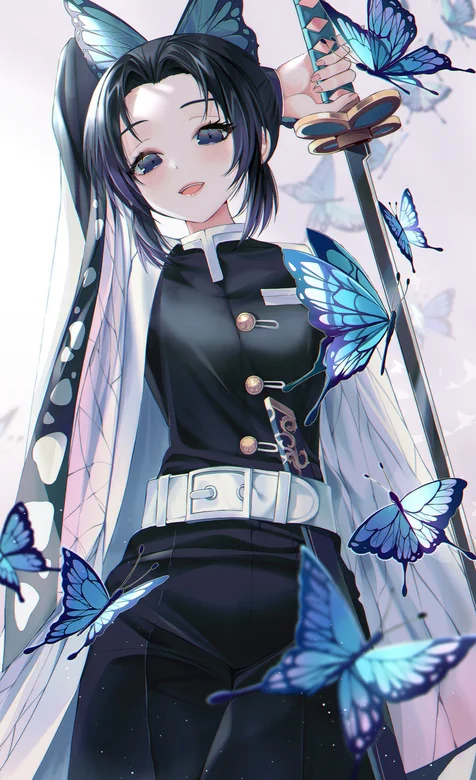 蝴蝶环绕身边的执刀紧身黑衣动漫美少女手机壁纸