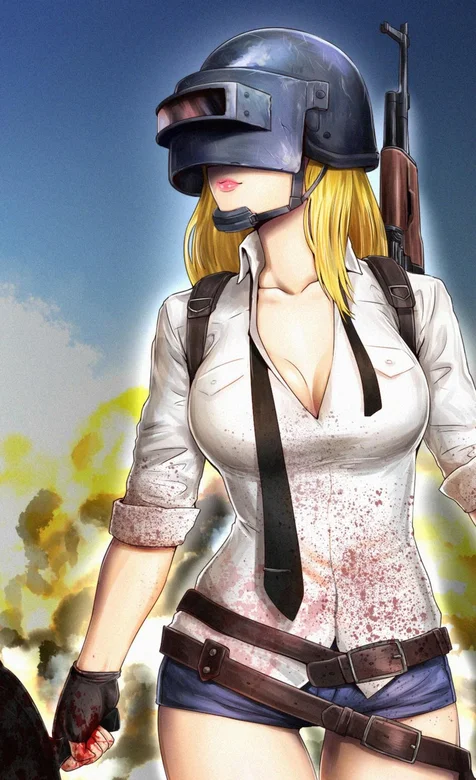 吃鸡游戏 戴三级头的背枪丰满女孩 短裤手机壁纸