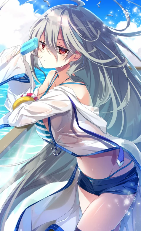 紧身短裤美腿银发美少女靠栏杆上手机壁纸图片