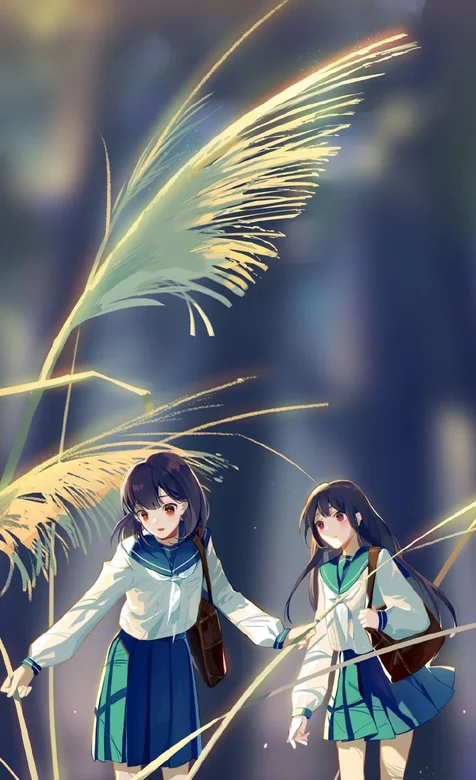 制服短裙学生妹子放学回家路过茅草地手机壁纸