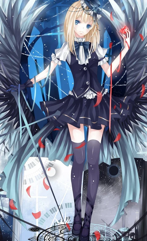 黑色学生装展开翅膀的动漫女生