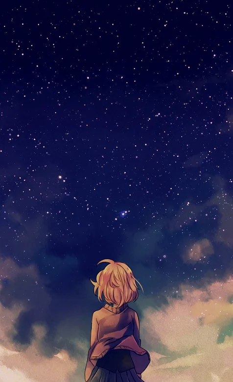 穿短裙望着星空的动漫短发女孩手机壁纸