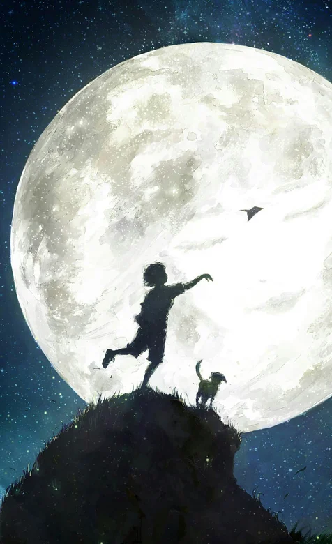 巨大的月亮的夜幕下带着小狗狗的男孩手机背景