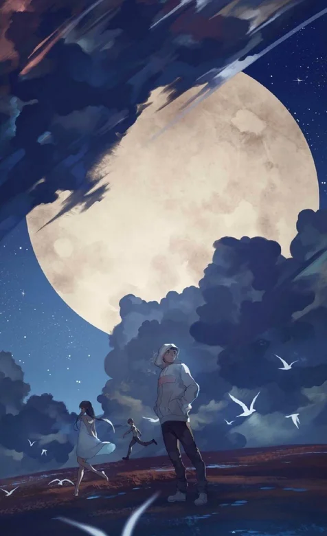 手绘大大的满月下追逐的情侣手机壁纸