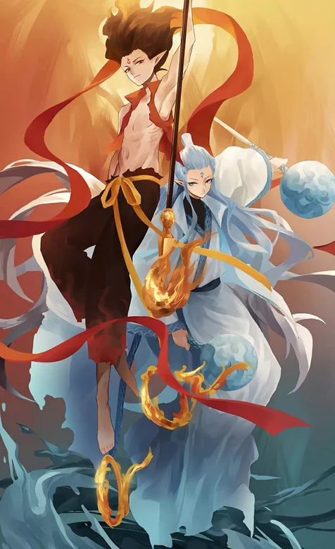 哪吒和敖丙创意手绘宽屏壁纸图片