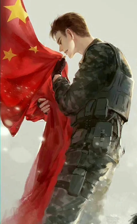轻吻国旗的动漫战士爱国手机壁纸