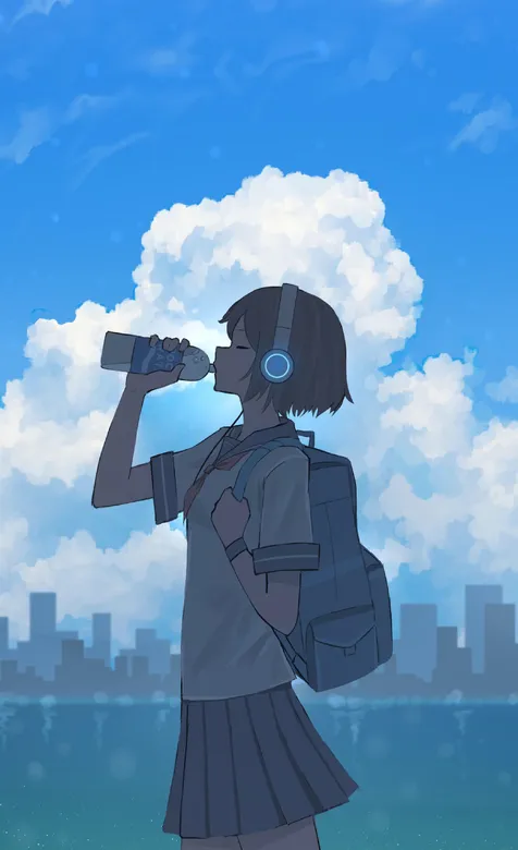 背着书包喝着水戴着耳麦的动漫女学生手机壁纸