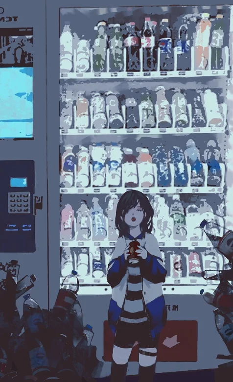 售卖机前喝着饮料的动漫女学生手机壁纸