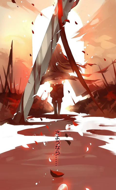 血泊中剑下面朝太阳的动漫女战士大屏幕手机壁纸