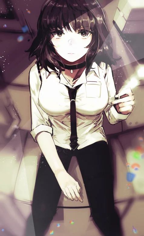 系领带，手里夹着香烟的大胸动漫女生壁纸