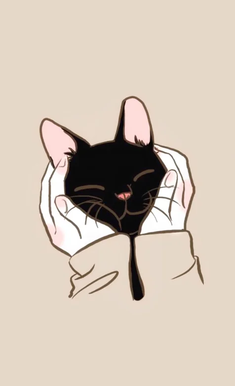 粉色背景，一只被双手抱住脸的卡通黑猫手机壁纸