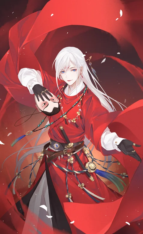 二次元 古风，红衣白发俊逸的动漫帅哥 手拿面具图片