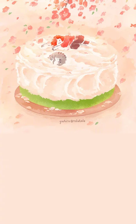 粉色系清新背景，飘零的叶，手绘的蛋糕手机壁纸