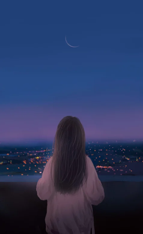 一个长发女孩的背影，他正望着灯火辉煌的城市