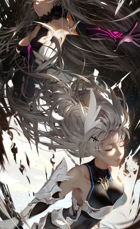 精美二次元人物手机壁纸，两个女孩头发缠绕在一起